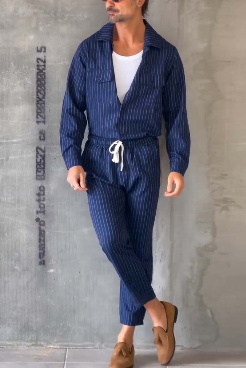 Men's casual fashion striped two-piece set