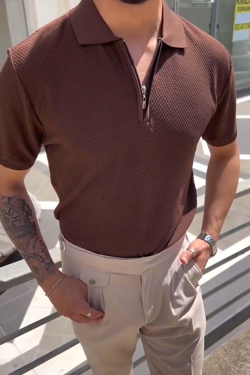 Men's Casual Fashion Slim Fit Zip Polo Shirt