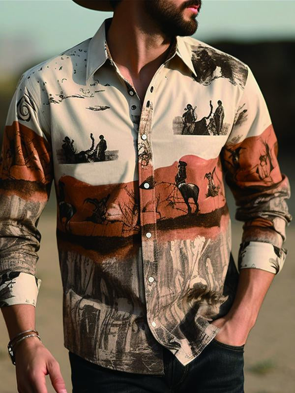Cowboy Vintage western style Men's Shirt Cowboy Shirt Outdoor Street Casual Daily Fall & Winter Turndown Long Sleeve khaki Shirt