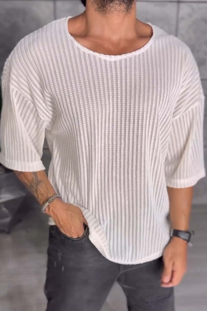 Men's casual round neck hollow breathable solid color short-sleeved T-shirt