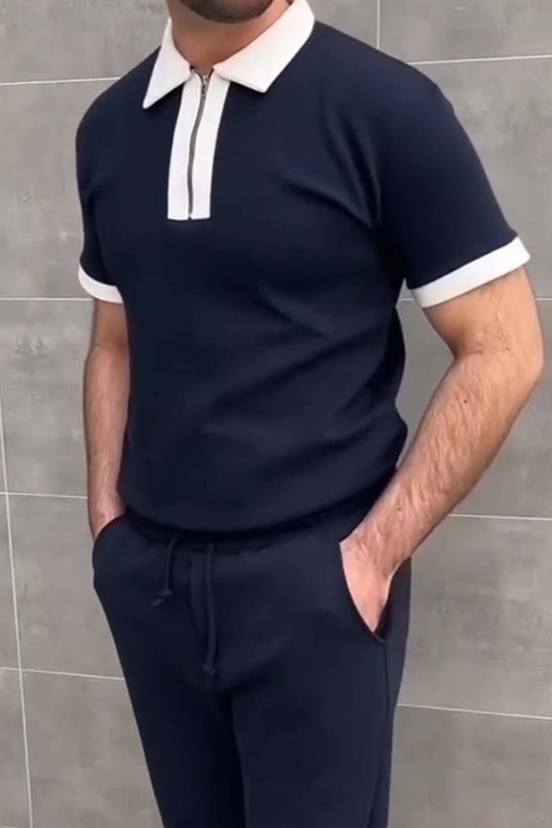 Men's Casual Fashion Slim Fit Contrast Zip Polo Shirt