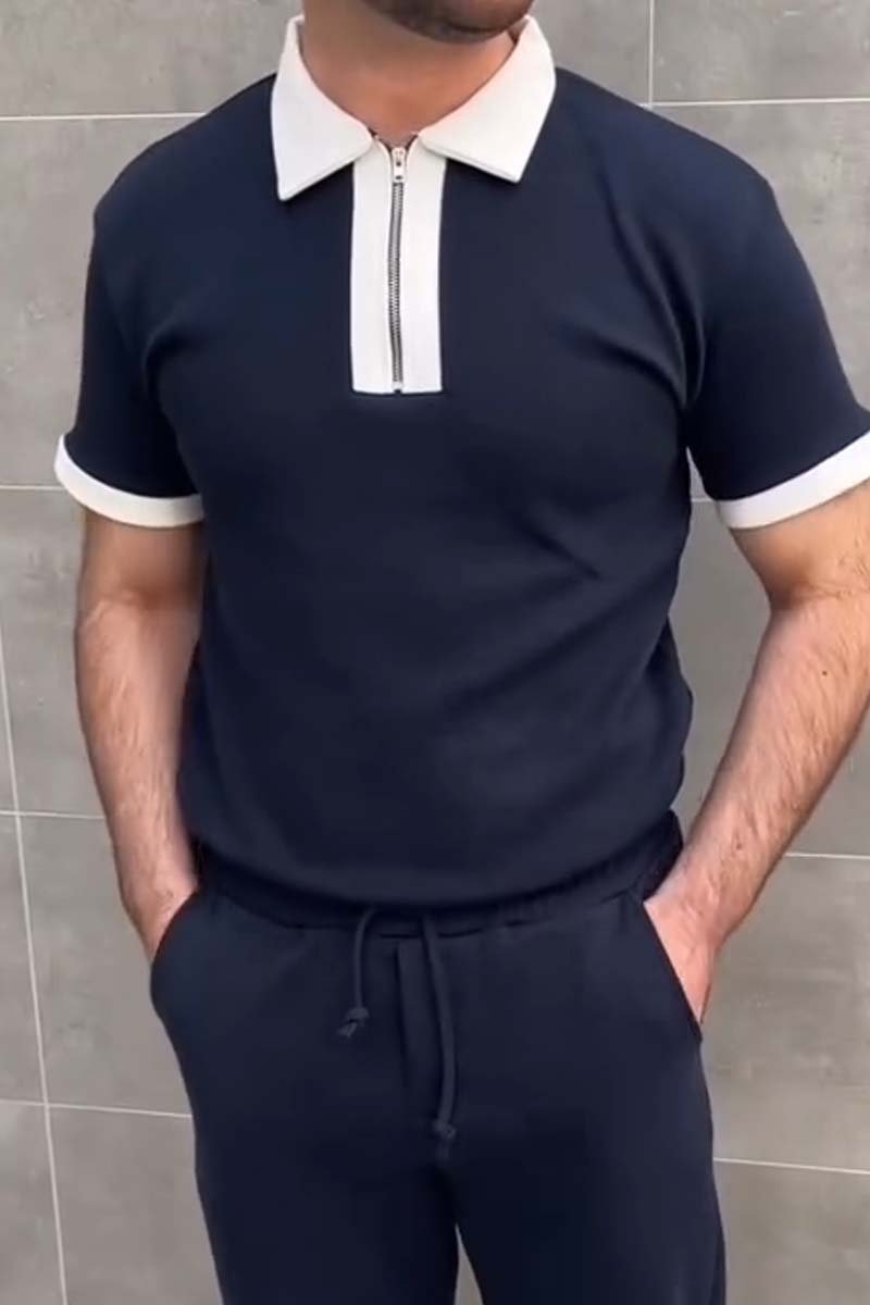 Men's Casual Fashion Slim Fit Contrast Zip Polo Shirt