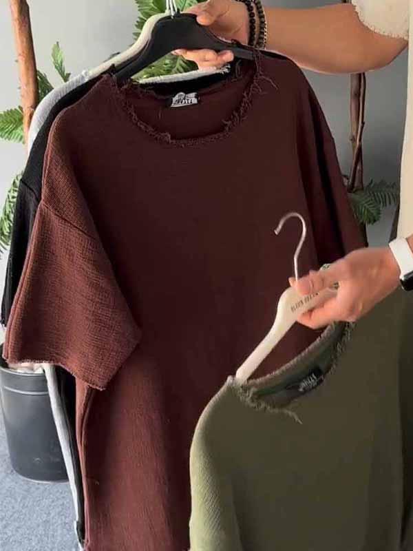Men's Round Neck Solid Color Cotton and Linen Top