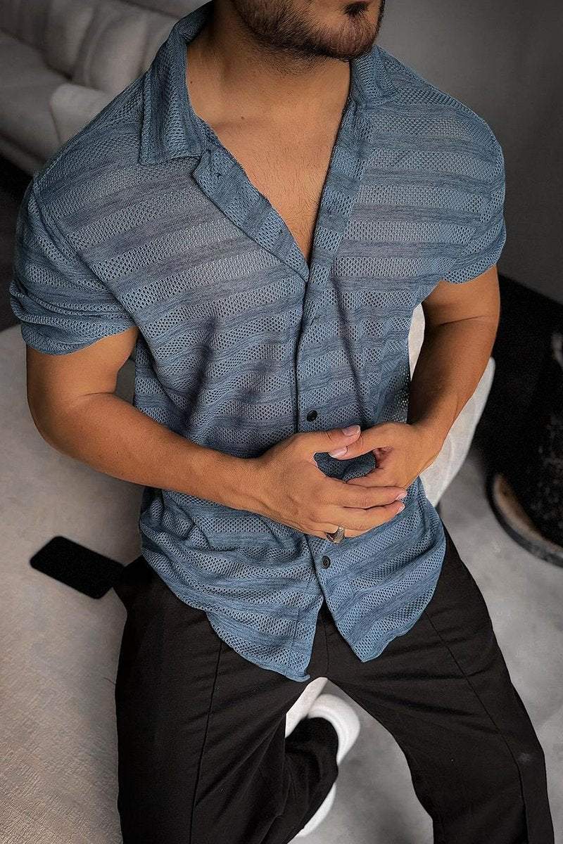 Men's casual mesh striped hollow short-sleeved T-shirt