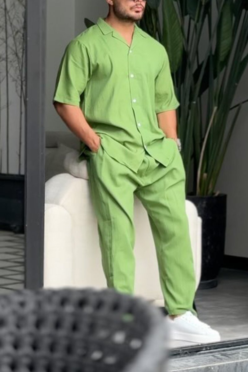 Men's casual solid color shirt and trousers two-piece set