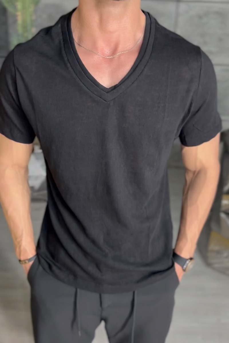 Men's Casual V-Neck Slim Fit Solid Color Short Sleeve T-Shirt