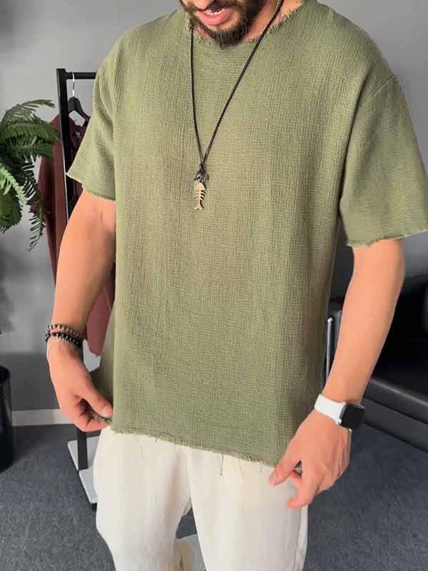 Men's Round Neck Solid Color Cotton and Linen Top