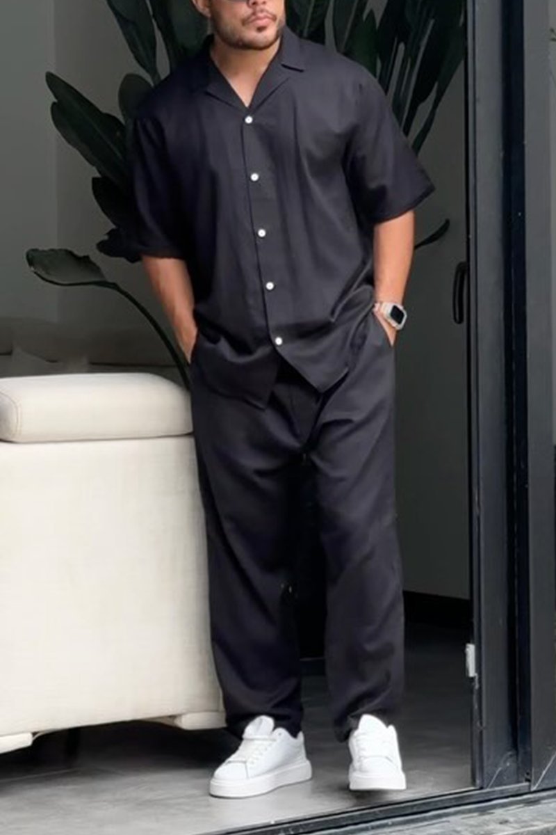 Men's casual solid color shirt and trousers two-piece set