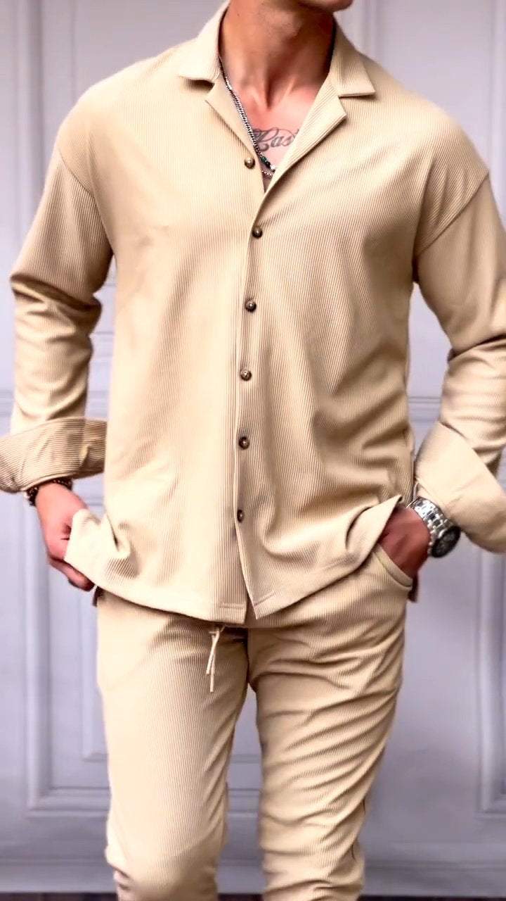 Men's Lapel Long-sleeved Ribbed Suit