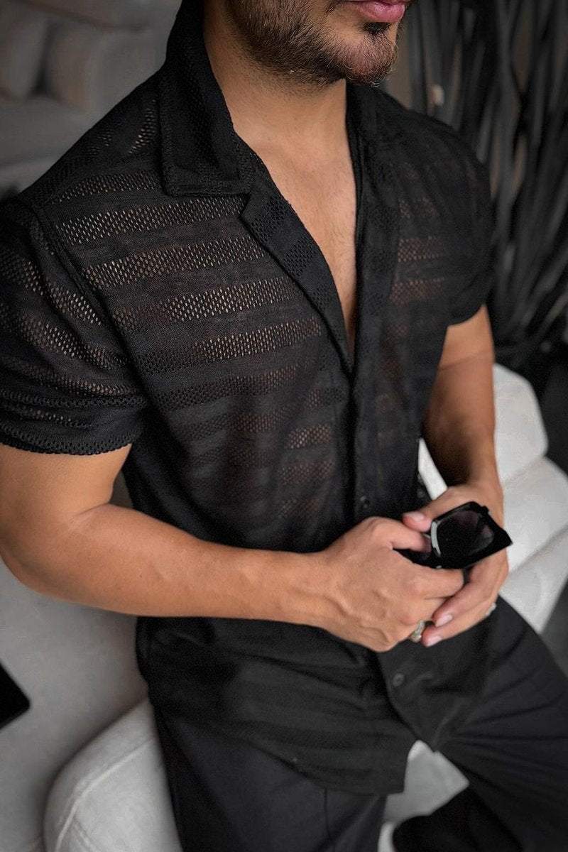 Men's casual mesh striped hollow short-sleeved T-shirt
