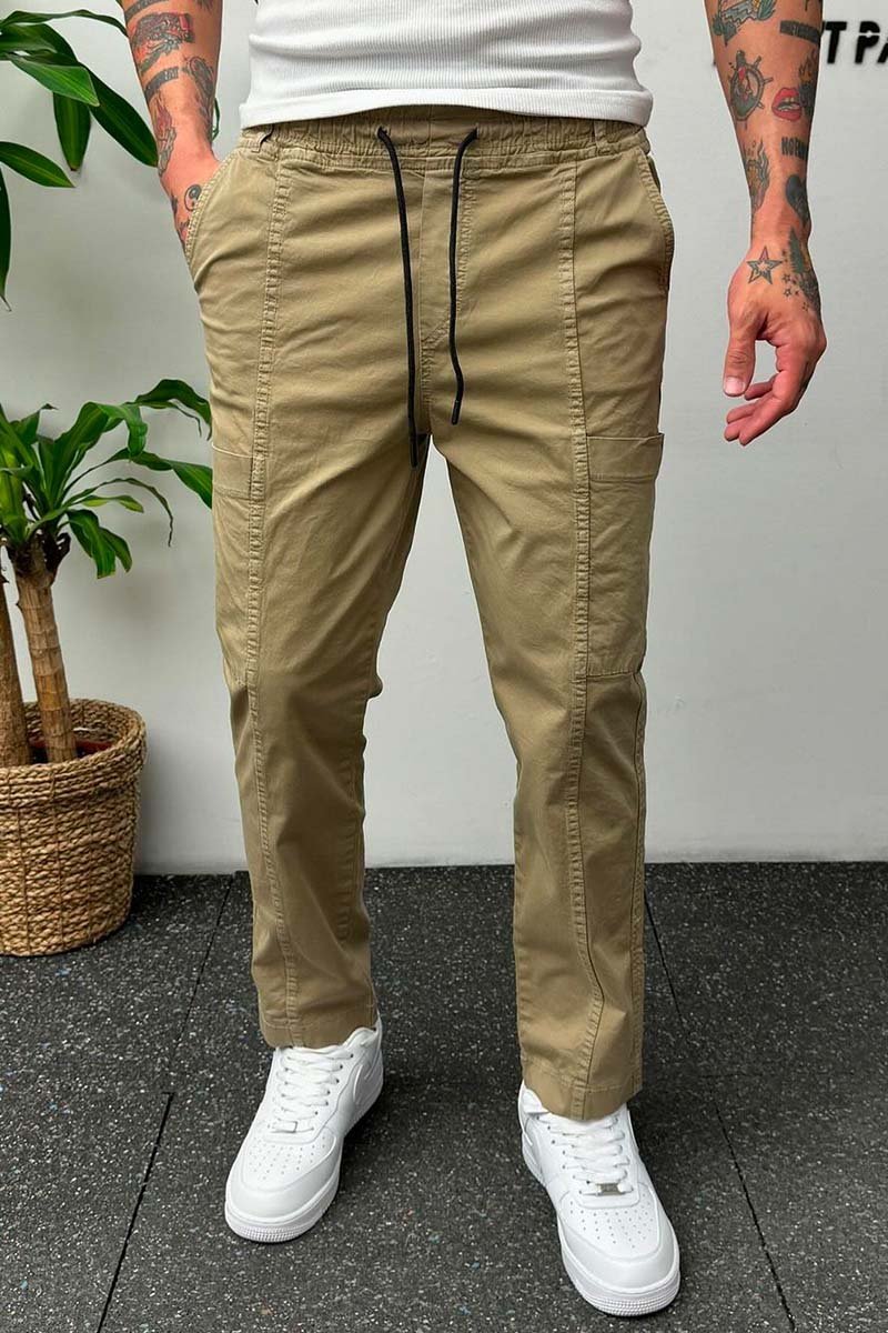 Men's Casual Elastic Waist Slim Fit Solid Color Cargo Pants