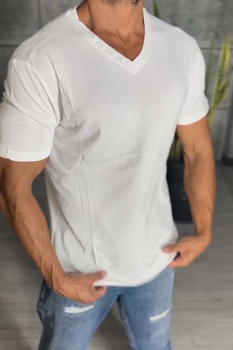 Men's Casual Button Up V-Neck Solid Color Short Sleeve T-Shirt