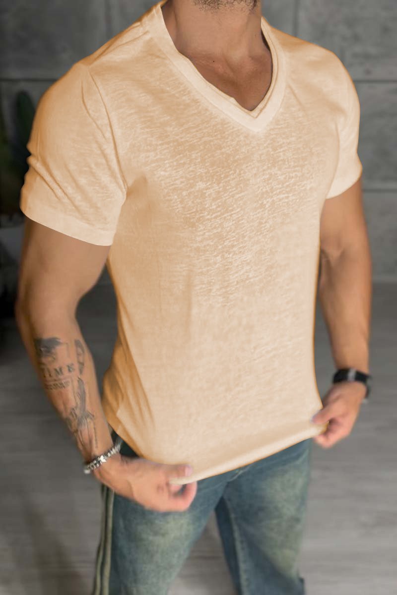 Men's Casual V-Neck Slim Fit Solid Color Short Sleeve T-Shirt