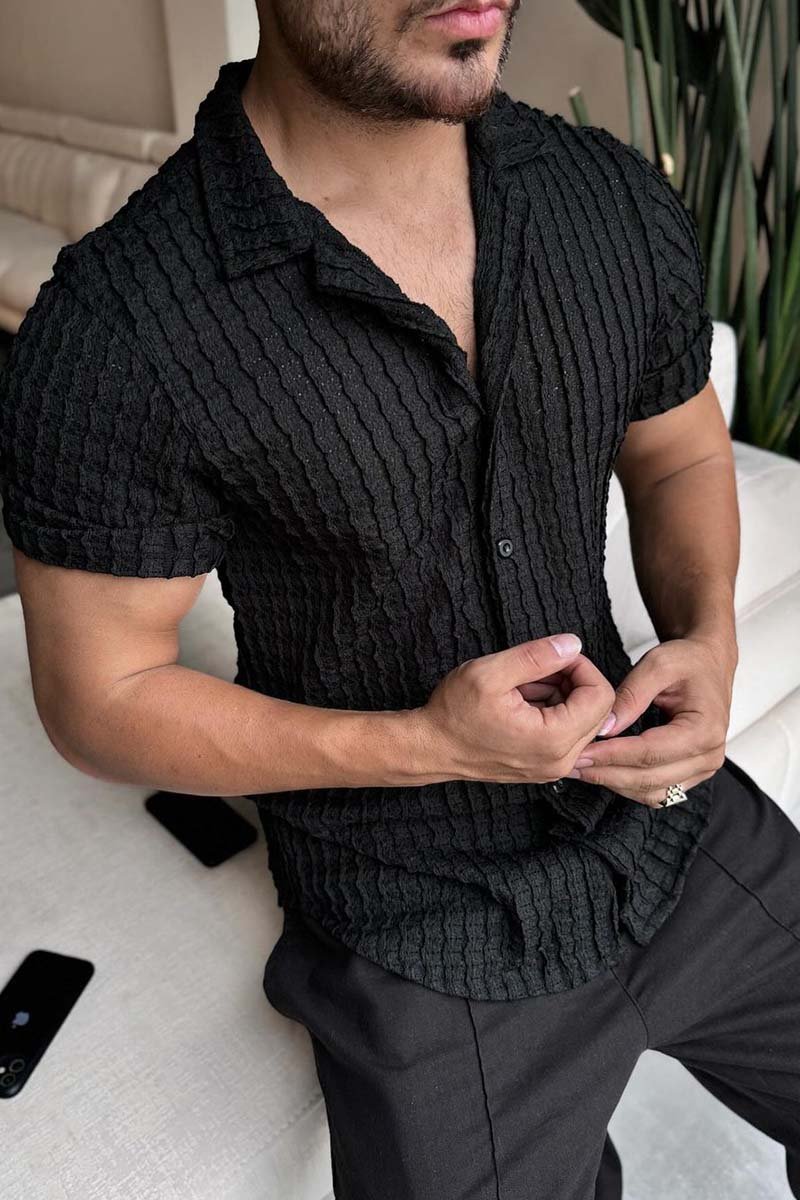 Men's casual solid color striped breathable short-sleeved T-shirt