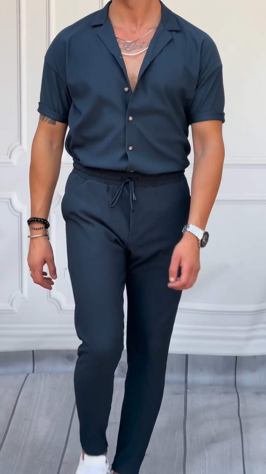Men's Lapel Short-sleeved Ribbed Suit